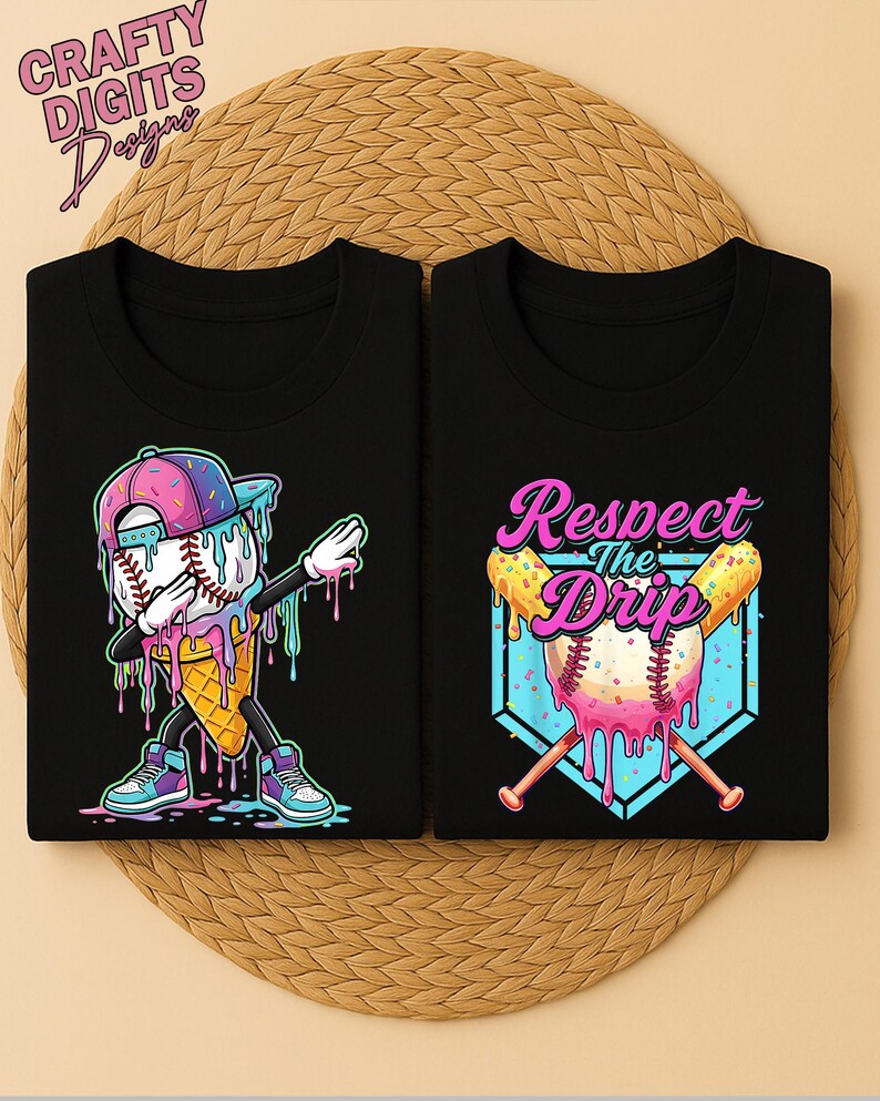 May include: Two black t-shirts featuring colorful graphic prints. The left shirt shows a baseball in an ice cream cone wearing a cap and dabbing. The right shirt displays a baseball with melting pink icing and two bats with the text Respect The Drip.