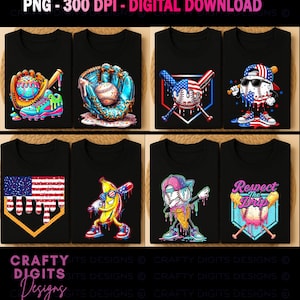 May include: A collection of eight black t-shirts featuring colorful baseball-themed graphic prints, including melting baseballs, a banana holding a bat, and American flag motifs. The text "Respect The Drip" is visible on one shirt. Digital download file.