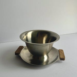 Vintage Stainless Steel Japan Serving Bowl with Wooden Handles Gravy Serveware