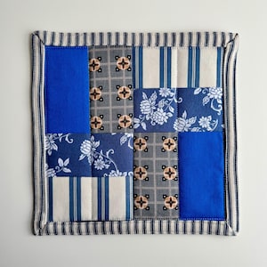 Handmade Blue Quilted Patchwork Heat Resistant Hot Pads - Set of Two