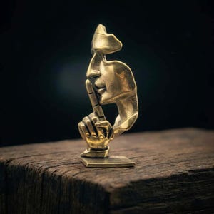 Miniature Brass Silence Figurine - Small Solid Metal Abstract Thinker Face Sculpture