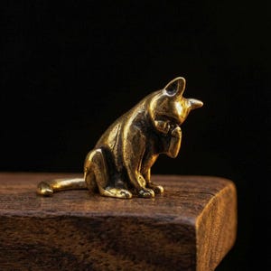 May include: A small, detailed brass figurine of a dog in a seated position, appearing to lick its paw. The sculpture has a polished finish and is set against a dark background, resting on a wooden surface.