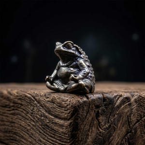 Puede incluir: Pequeña figura de rana de color bronce en posición de meditación sentada. La rana tiene una textura de piel detallada y está colocada sobre una superficie de madera envejecida. El fondo es oscuro, enfatizando la forma de la figura y la veta de la madera.