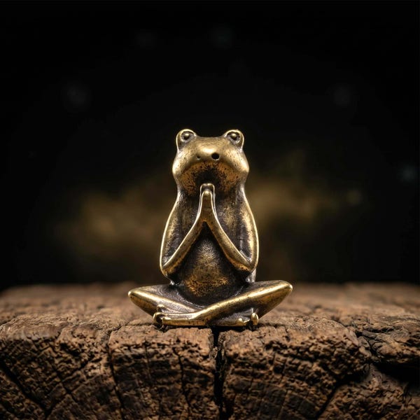 Miniature Brass Meditating Frog Figurine, Zen Yoga Frog Statue, Small Solid Metal Namaste Frog for Desk Decor, Frog Lover Gift