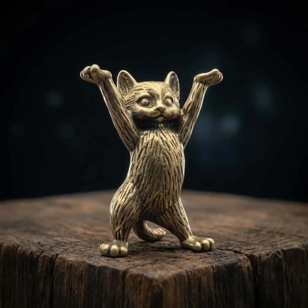 Miniature Brass Cat Figurine - Small Solid Metal Dancing Kitten Holder Sculpture