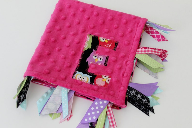 sensory custom personalized baby black gift blanket lovey tags owl large bird pink green minky taggie girl pink ribbon