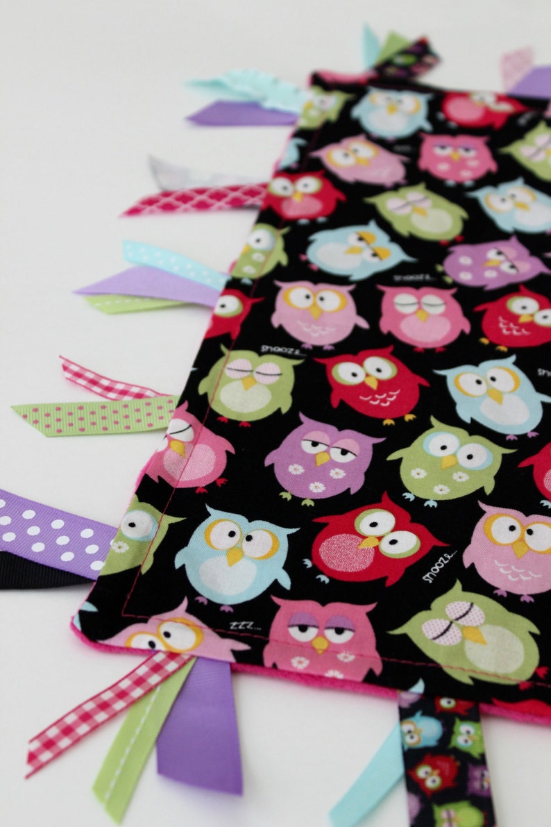 sensory custom personalized baby black gift blanket lovey tags owl large bird pink green minky taggie girl pink ribbon