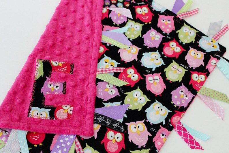 sensory custom personalized baby black gift blanket lovey tags owl large bird pink green minky taggie girl pink ribbon