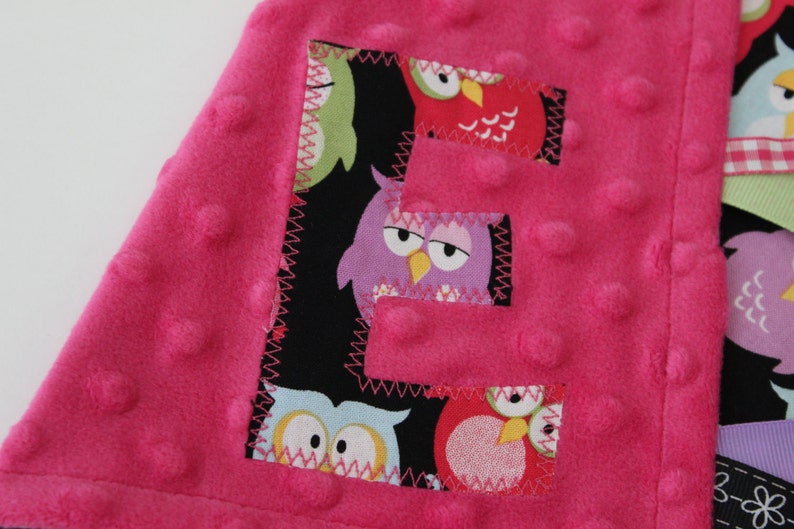 sensory custom personalized baby black gift blanket lovey tags owl large bird pink green minky taggie girl pink ribbon