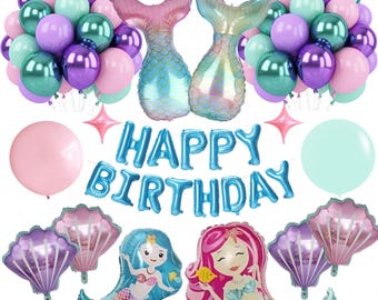 Happy Birthday Mermaid Themed Balloon Set for Party Decoration with Banner Purple Aqua Deco Set with Seashell and Tails