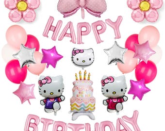Happy Birthday Pink Kitty Balloon Set for Party Decoration with Banner
