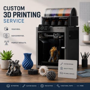 Op de afbeelding: Een donkergrijze 3D-printer met een multi-spoel filamentsysteem aan de bovenkant, met de tekst CUSTOM 3D PRINTING SERVICE, YOUR IDEA, OUR EXPERTISE, PERFECT RESULTS, CUSTOM DESIGN, QUALITY PRINTS, RELIABLE SERVICE, 3D PRINTING, PROTOTYPES, FUNCTIONAL PARTS.