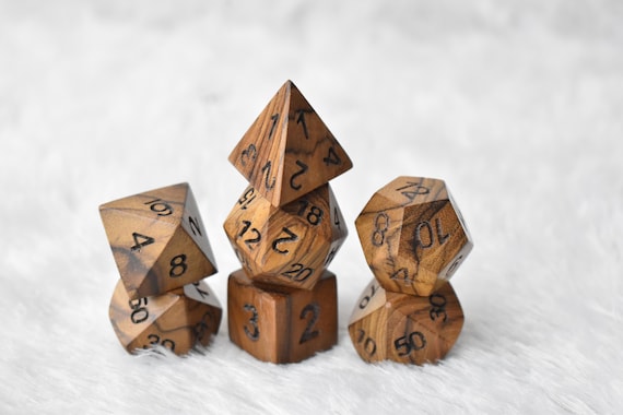 Handmade Teak Wood DnD Dice Set | Engraved Polyhedral RPG Dice