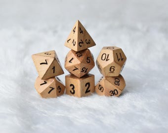 Natural Wooden DnD Dice Set | Handmade RPG Polyhedral Dice with Pouch