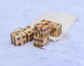 Antique-Style Bone Dice Set | Handmade 6-Sided D6 Dice with Storage Pouch