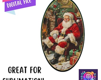 Puede incluir: Un archivo digital de una imagen con temática navideña que presenta a Papá Noel sentado en un sillón rojo con un fondo verde. Papá Noel lleva un traje rojo con ribetes blancos y una barba blanca. Está sosteniendo un regalo en su regazo. Hay un árbol de Navidad y una chimenea en el fondo.