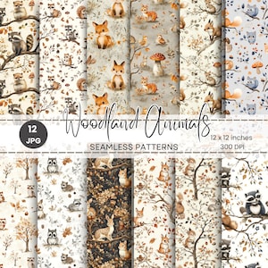 May include: Twelve digital seamless patterns featuring woodland animals, including foxes, raccoons, squirrels, deer, and birds. The patterns are in shades of brown, beige, and white, with a watercolour-like style.
