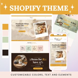 May include: A Shopify theme advertisement featuring website and mobile app mockups. The website displays handmade items with a neutral color palette. The mobile app showcases handmade candles and knit & crochet items. Text includes "Handmade things made with heart."