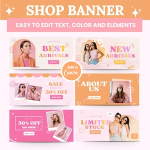May include: A shop banner with the text "SHOP BANNER" and "EASY TO EDIT TEXT, COLOR AND ELEMENTS." The banner features six sections with images and text like "BEST ARRIVALS," "NEW ARRIVALS," "SALE," "ABOUT US," and "LIMITED STOCK."