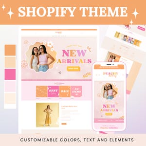 May include: A Shopify theme design with a peach and pink color palette. The design includes website and mobile app mockups showcasing "New Arrivals" and "Shop Now" buttons. Text includes "Peachy Berry" and "Customizable Colors, Text and Elements."