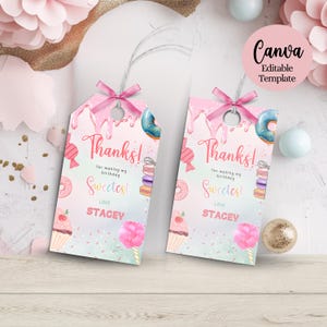 Sweet One Thank You Gift Tag, Pink Birthday Candyland tags, Candy tags,  Pink Celebration Birthday , Favor Gift Tag, Editable Canva