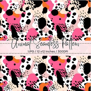 May include: An abstract seamless pattern design with pink, orange, black, and white shapes. The text "Animal Seamless Pattern" is written in cursive. The pattern is 30.48 x 30.48 cm.