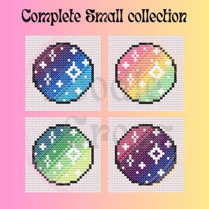 May include: Four cross-stitch designs featuring celestial patterns in a complete small collection. Each design is a different color gradient, including blue, pink, green, and purple, with white star accents. The text "Complete Small collection" is at the top.