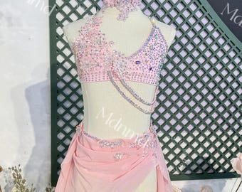 Contemporary Costume Handmade Pink Lyrical Dance Costume with Crystal Embellishments for Solo Performance