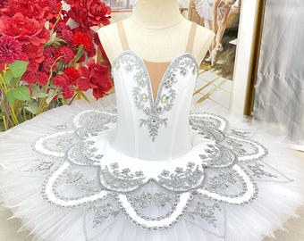 White and Silver Ballet Tutus Ballerina Costume Pancake tutu-Handmade Custom for Kids & Adults
