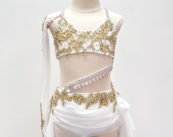 Handmade Lyrical Dance Costume: Gold Appliqués, Crystals & Chains,Contemporary Costume