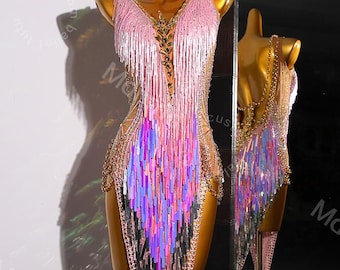 Pink Sequin Fringe Latin Dance Dress | Open Chain-Back Ballroom Costume