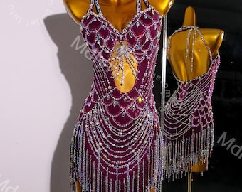 Burgundy Latin Dress with Crystals & Feathers | Handmade Competition Costume | Custom Latin Salsa Cha-Cha Outfit