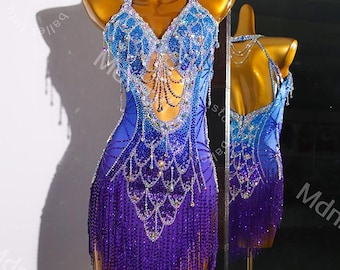 Blue-Purple Gradient Latin Dance Dress – Custom Competition Costume with Beaded Fringe & Open-Back Design