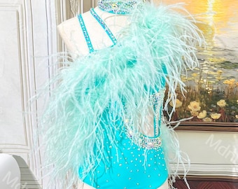 Handmade Sky-Blue Contemporary Costume Lyrical Solo Dance Costume with Crystals and Turkey Feathers