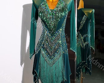 Emerald Green Competition Dress with Crystals & Fringed Skirt | Handmade Ballroom Dance Costume