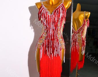Red Fringe Latin Dance Dress | Custom Latin Competition Costume | Salsa / Cha-Cha / Ballroom| Handmade Outfit