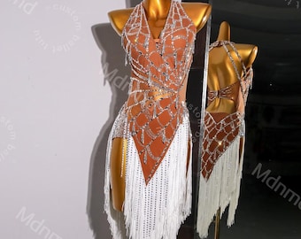 Custom White Fringe Latin Dance Dress | Handmade Performance Costume for Salsa, Cha-Cha, or Competitions