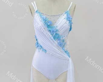 Custom Contemporary Costume Lyrical Dance Costume: White & Blue Floral Diamond Dress Handmade