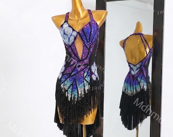 Custom Purple Latin Dance Dress – Rhinestone Fringe Salsa Ballroom Competition Costume