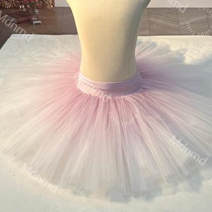 Può includere: Una gonna tutù in tulle a strati caratterizzata da una sfumatura di colore che passa dal lavanda chiaro in vita al bianco pallido sull'orlo. Il capo è esposto su un busto da manichino e presenta una fascia in vita in tessuto.