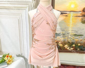 Pink Lyrical Dance Costume, Custom Solo Dance Dress, Contemporary Performance Outfit