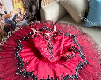 Custom Handmade Red Ballet Tutu with Black Lace & Pearl Embellishments