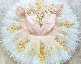 Custom Professional Ballet Tutu with Delicate Pink Satin and Gold Embellishments