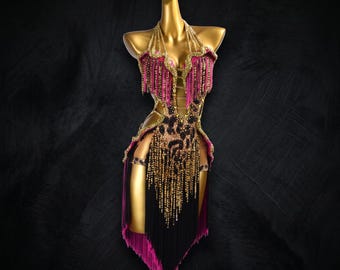 Black Gold Latin Dance Dress, Rhinestone Ballroom Competition Dress, Burgundy Fringe Dance Costume, Custom Latin Dancewear, Stage Dress
