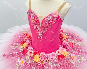 Handmade Rose Red Ballet Tutu Skirt – Custom Floral Embellished Ballerina Costume