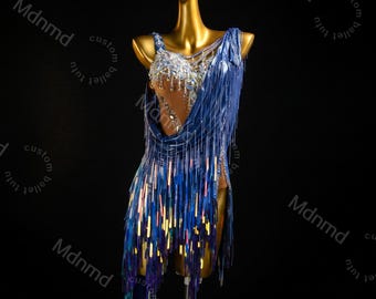 Custom Blue Latin Dance Dress, Crystal Fringe Ballroom Competition Costume, Salsa Cha Cha Performance