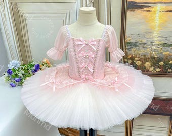 Custom Pink Classical Ballet Tutu – Romantic Puff Sleeve Pancake Tutu Dress for Performance & Competition