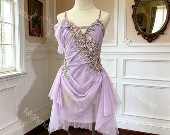 Custom Lavender Lyrical Dance Costume, Solo Contemporary Dance Dress, Romantic Stage Costume, Floral Embellished Performance Wear