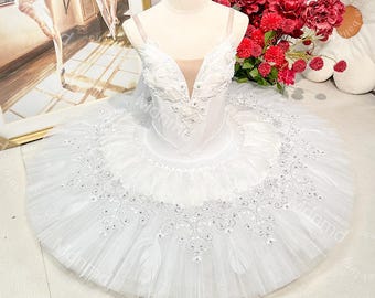 White Swan Professional Ballet Tutu | Swan Lake Odette Costume, Stretch Bodice, Feather Accents