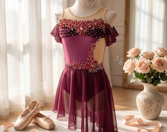 Custom Handmade Contemporary Costume Burgundy Freestyle Solo Lyrical Dance Costume Dancewear with Crystal Embellishments